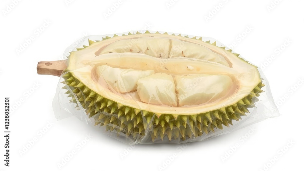Fototapeta premium Packaged durian segment wrapped in clear plastic, isolated on white background, snack, packaging