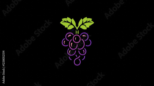 Grape wine icon, featuring intertwined outline berries, forming a graceful cluster of grapes with a green leaf. Isolated vector linear label or emblem for refined winemaking, beverage package design photo