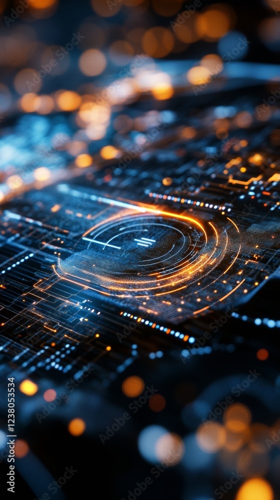 Fototapeta premium Neon Cyber Interface High-Tech Emergency Keypad on Holographic Surface - Cutting-Edge Digital Security and Cybersecurity Solutions for Modern Business Environments