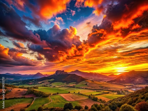 Vivid Roncal Valley sunset ignites the Navarra sky, showcasing majestic Spanish peaks. photo