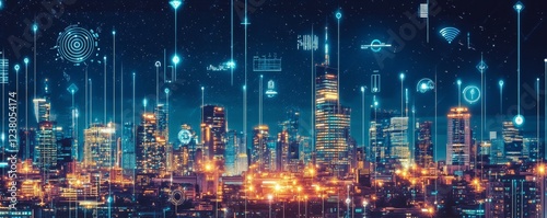 In the digital city of the future, located in space, s of circuit boards and hardware highlight wireless internet technologies, while secure data transmission and database protection photo