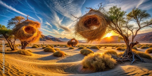 Webervogel nests:  Avian architecture nestled in Namibia's dreamlike, desert landscape.  Stunning photography. photo