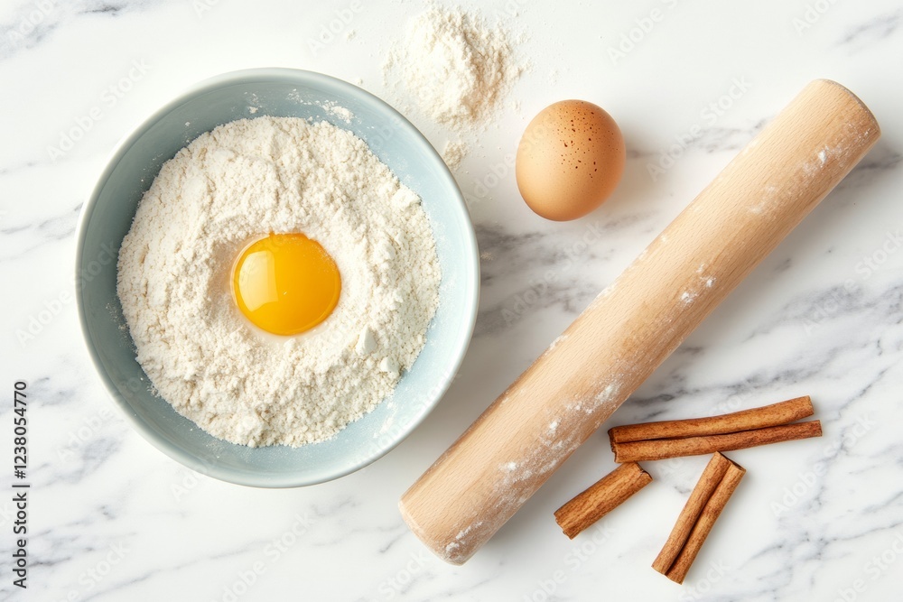 Artisanal Baking Setup Flour Bowl, Egg and Cinnamon on Marble - Textural Culinary Content for Modern Recipe Sharing and Home Cooking Experiences Artisanal Baking Setup Flour Bowl, Egg and Cinnamon on Marble - Textural Culinary Content for Modern Recipe Sharing and Home Cooking Experiences