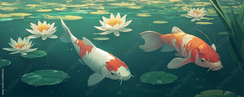 Naklejka premium Koi fish swimming peacefully among water lilies in a tranquil pond setting