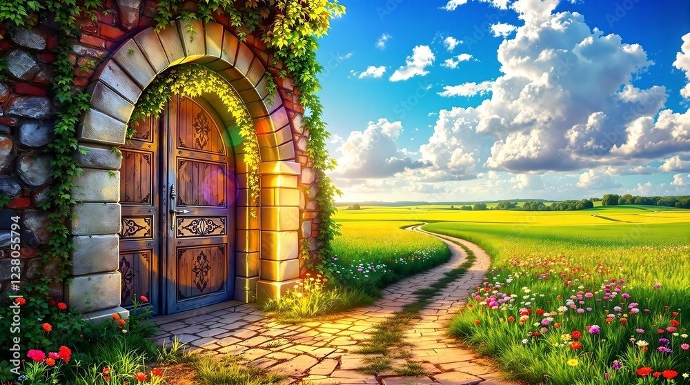A vibrant red wooden door set in a rustic stone archway opens to a lush green landscape with a winding path under a bright blue sky with soft white clouds.