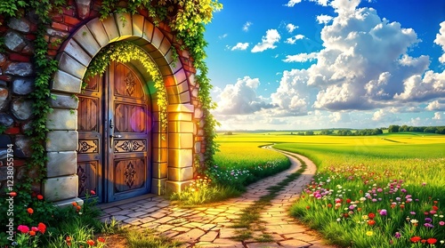 Obraz na płótnie A vibrant red wooden door set in a rustic stone archway opens to a lush green landscape with a winding path under a bright blue sky with soft white clouds. w salonie