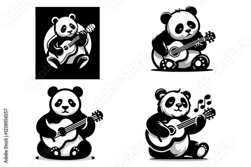 vector image of a bundle of pandas playing guitar suitable for unique logo designs for tour companies, souvenirs, sandals, socks, accessories, children's toys, baby equipment, books, t-shirts, banners