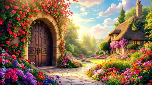 A picturesque stone archway with an open wooden door reveals a scenic countryside path surrounded by wildflowers under a bright blue sky with fluffy clouds.