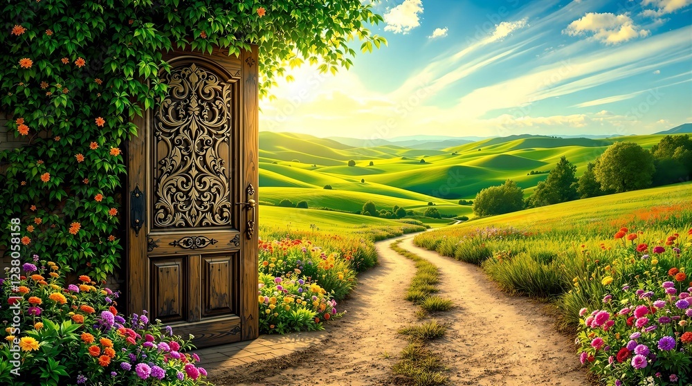 A winding dirt path lined with vibrant wildflowers leads to a charming countryside cottage, nestled in rolling green fields under a bright blue sky with fluffy white clouds.