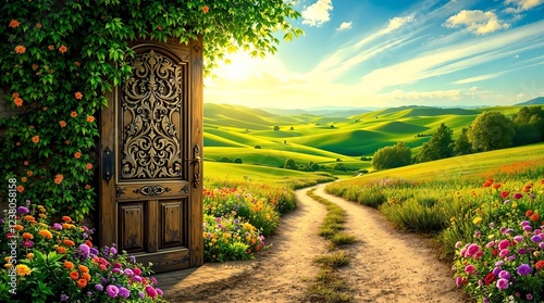 Obraz na płótnie A winding dirt path lined with vibrant wildflowers leads to a charming countryside cottage, nestled in rolling green fields under a bright blue sky with fluffy white clouds. w salonie