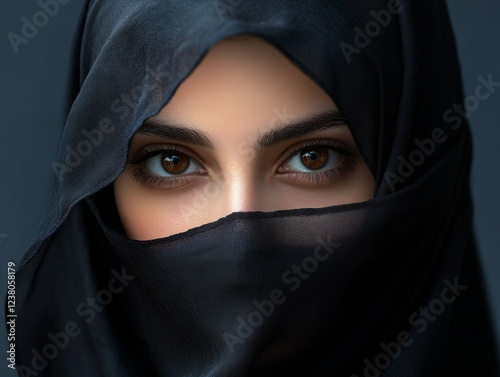 Close-up of a woman's eyes, partially covered by a black hijab, conveying mystery and elegance, against a dark backdrop. photo