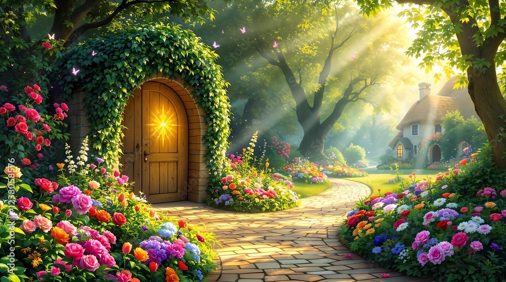 A picturesque stone archway with an open wooden door reveals a scenic countryside path surrounded by wildflowers under a bright blue sky with fluffy clouds.