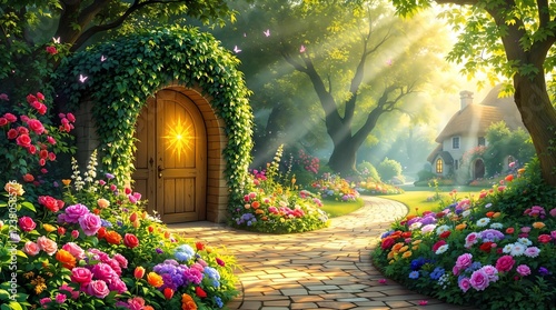 Obraz na płótnie A picturesque stone archway with an open wooden door reveals a scenic countryside path surrounded by wildflowers under a bright blue sky with fluffy clouds. w salonie