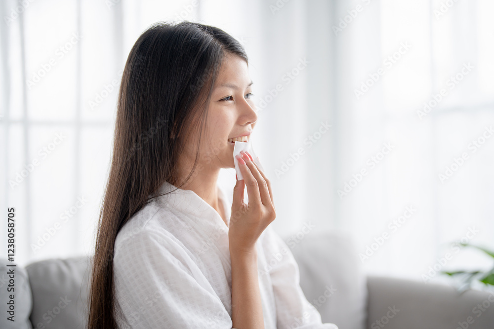 Daily beauty routine Asian woman.with clean skin uses micellar water to remove makeup Daily beauty routine Asian woman.with clean skin uses micellar water to remove makeup