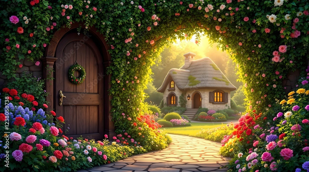 An ornate stone archway with an open wooden door leads to a golden field with a winding path under a bright blue sky dotted with fluffy white clouds.