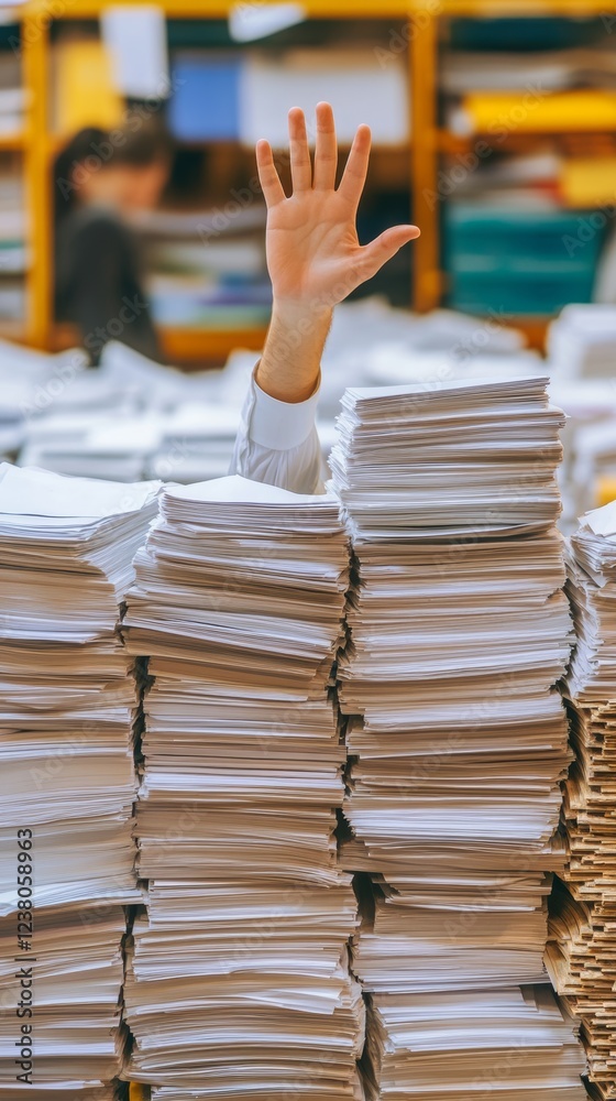A stressed office worker raises a hand above towering stacks of paperwork, symbolizing overwhelming workload and corporate chaos. A stressed office worker raises a hand above towering stacks of paperwork, symbolizing overwhelming workload and corporate chaos.