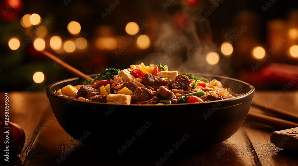 Japanese Sukiyaki hot pot, filled with beef, tofu, and seasonal vegetables, served in a cozy family dining scene, Asian winter meals, communal warmth Japanese Sukiyaki hot pot, filled with beef, tofu, and seasonal vegetables, served in a cozy family dining scene, Asian winter meals, communal warmth