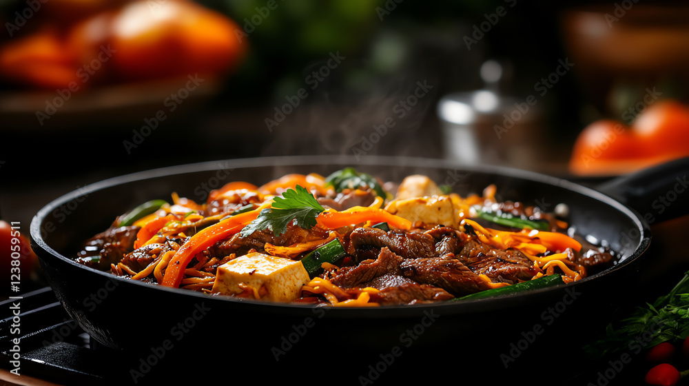 Japanese Sukiyaki thinly sliced beef, tofu, and vegetables, simmered in a sweet soy broth, served in a cozy family dining scene, Asian communal meals, warming comfort Japanese Sukiyaki thinly sliced beef, tofu, and vegetables, simmered in a sweet soy broth, served in a cozy family dining scene, Asian communal meals, warming comfort