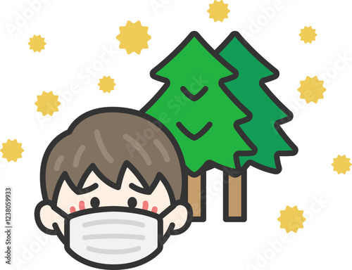 花粉症がひどい、マスクをした男性のアイコン（線画カラー）のイラスト