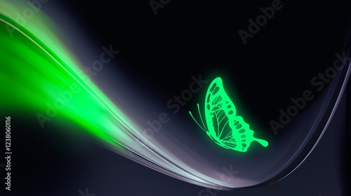 Neon green butterfly flying over bright abstract wave on black background.