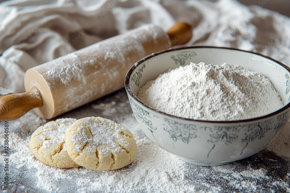 Homemade Cookie Baking with Flour and Rolling Pin in Warm Kitchen Light Homemade Cookie Baking with Flour and Rolling Pin in Warm Kitchen Light
