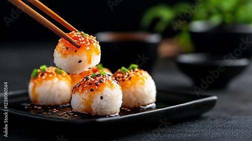 Japanese Yaki Onigiri grilled rice balls, brushed with soy sauce and garnished with sesame seeds, served in a minimalist izakaya, Asian snacks, rustic simplicity photo