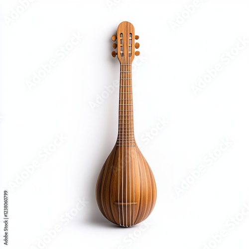 Elegant Wooden Instrument with Graceful Curves and Six Strings on White Background photo