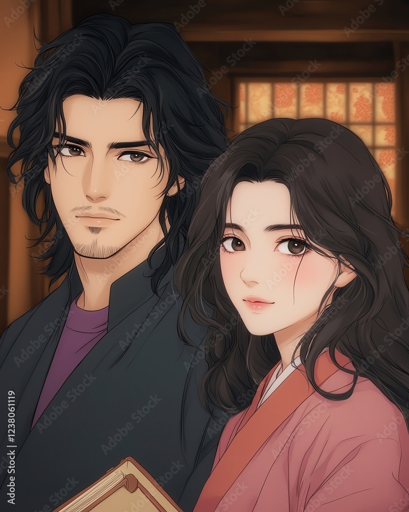 cartoon character of Shin Hwa A couple in traditional attire together. cartoon character of Shin Hwa A couple in traditional attire together.