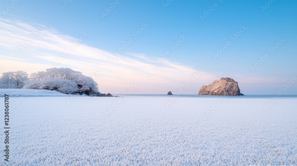 Fototapeta premium Frosty beach sunrise, coastal rocks, winter calm, nature wallpaper
