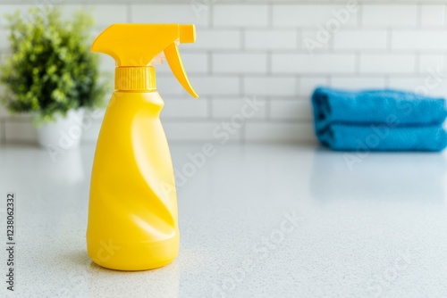 Yellow spray bottle on a kitchen counter with a clean surface and minimalistic background