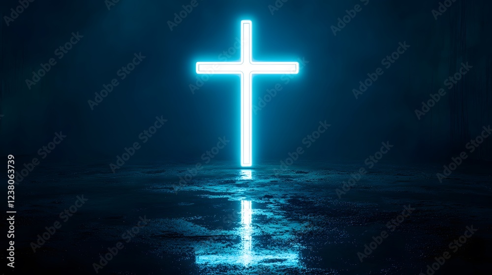 Naklejka premium A glowing white neon cross centered on a pitch-black background, Generative AI