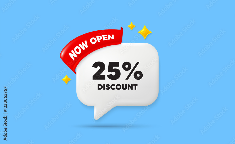 Discount ribbon speech bubble. Now open flag ribbon. 25 percent discount. Sale offer price sign. Special offer symbol. 3d sparkle stars speech bubble. Vector Discount ribbon speech bubble. Now open flag ribbon. 25 percent discount. Sale offer price sign. Special offer symbol. 3d sparkle stars speech bubble. Vector
