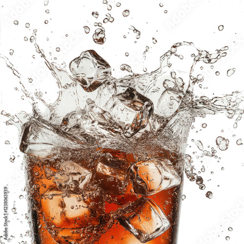 A cola can opened with fizzing cola splashing out on transparent background
