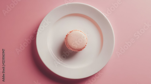A smooth white ceramic plate holding a single macaron in pastel colors