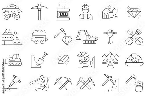 Mining icons, vector set, Mining line icon set. Mining, worker, labor, coal, underground, digging, track, rail and more icons. vector illustration. 