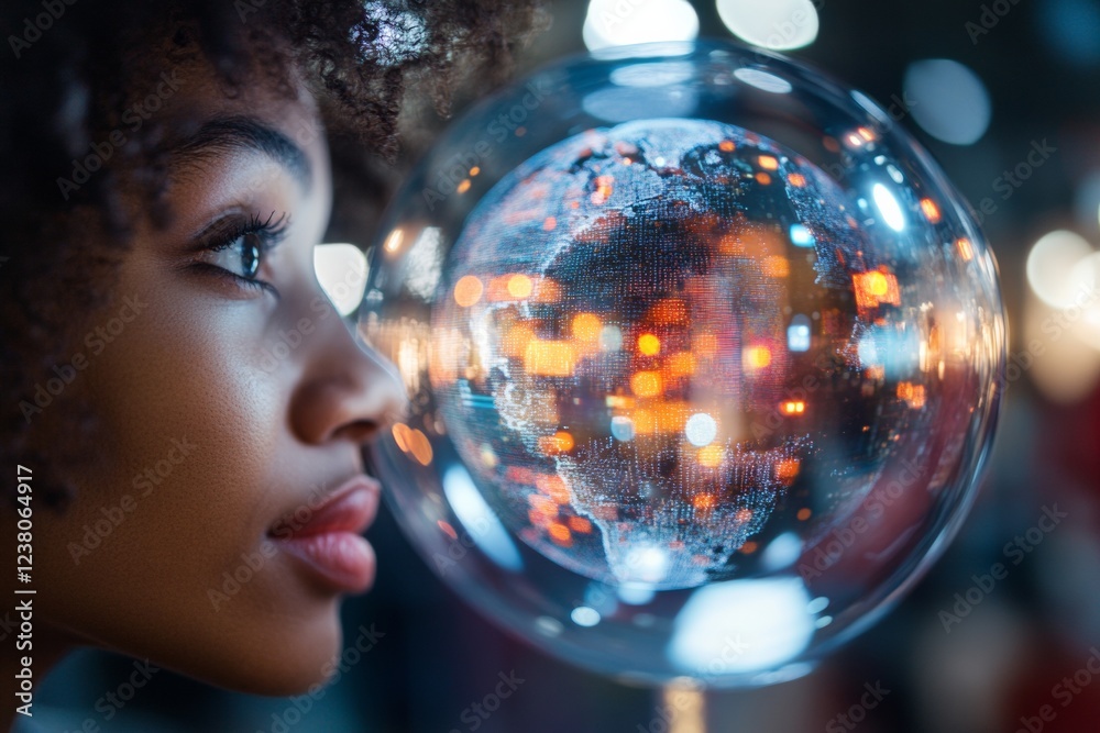 Naklejka premium Holographic World Vision Futuristic Globe Display with Diverse Young Adults - Tech-Infused Unity for Modern Business and Inclusive Marketing Campaigns