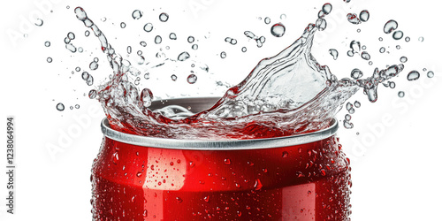 A cola can opened with fizzing cola splashing out on transparent background