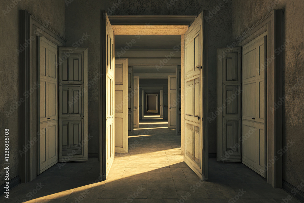 Unique house structure featuring numerous doors leading into an unseen void in a highly detailed setting Unique house structure featuring numerous doors leading into an unseen void in a highly detailed setting