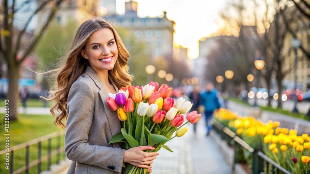 Fototapeta premium Woman Holding a Bouquet of Colorful Tulips in a Modern City Park