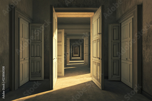 Unique house structure featuring numerous doors leading into an unseen void in a highly detailed setting