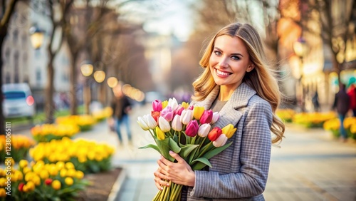 Woman Holding a Bouquet of Colorful Tulips in a Modern City Park