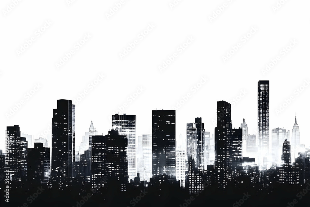 Fototapeta premium Monochrome cityscape silhouette with illuminated skyscrapers against white background