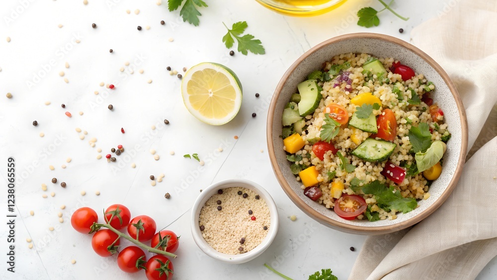 Fresh quinoa salad preparation modern kitchen food photography vibrant ingredients overhead view Fresh quinoa salad preparation modern kitchen food photography vibrant ingredients overhead view