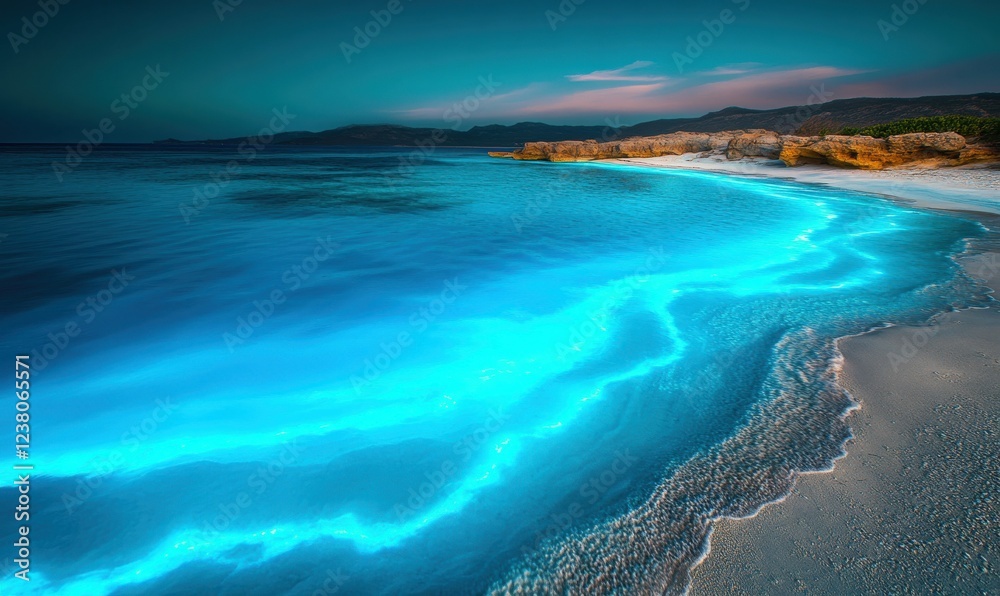 Obraz premium Bioluminescent algae glowing in a pristine blue ocean, creating a mesmerizing natural glow.