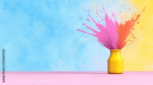 Holi Festival Elements on Watercolor Background with Color Splash and Calligraphy for Social Media Post photo