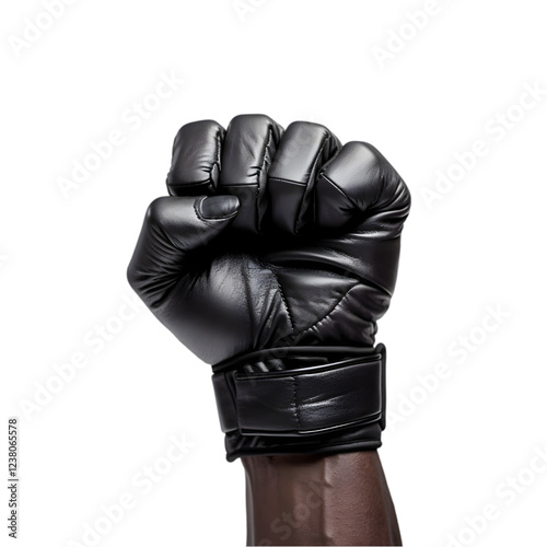 powerful symbol of a raised fist in a black leather glove, representing protest, solidarity, strength, revolution, and the fight for rights and justice. photo