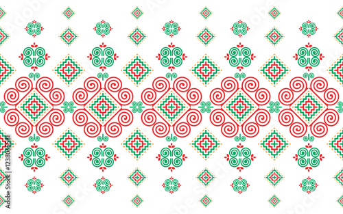Seamless pattern, Hmong ethnic pattern, green, red and orange pattern on white background.