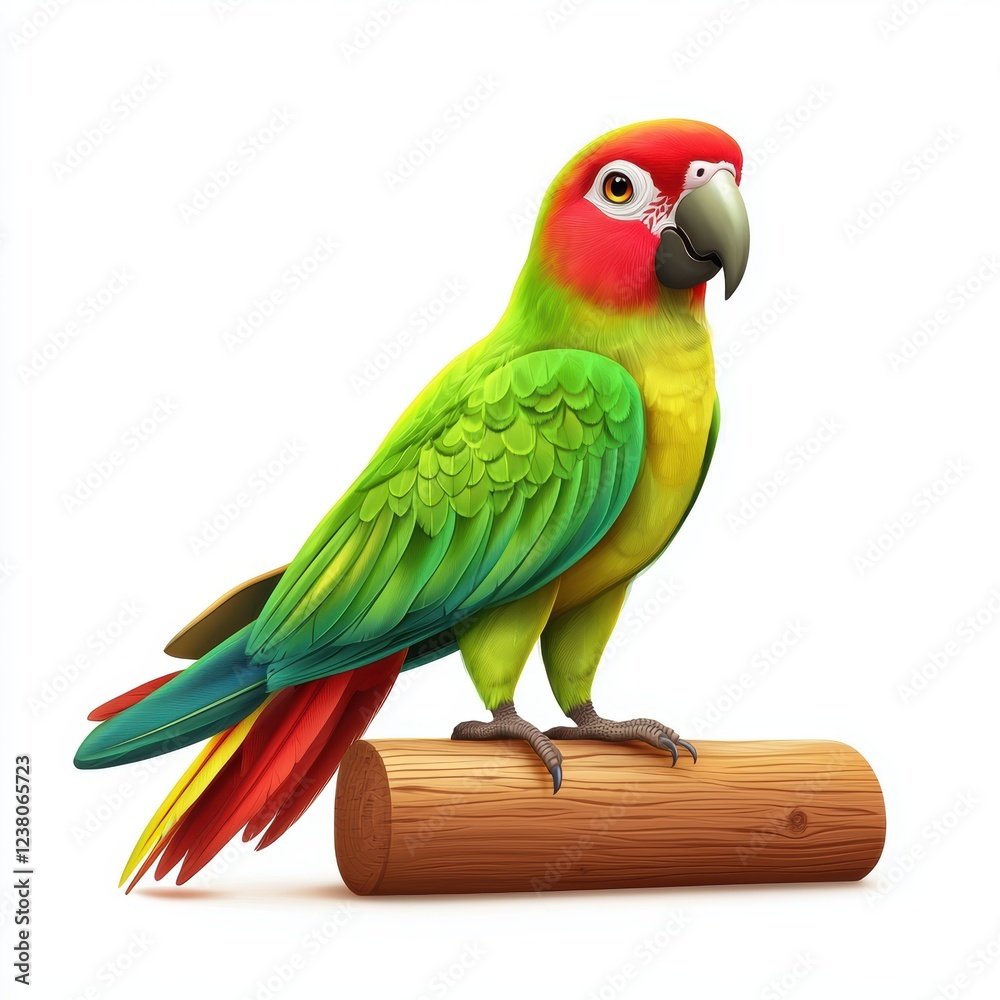 Obraz premium Parrot sitting on a wooden perch with bright green and red feathers, isolated on a clean white background