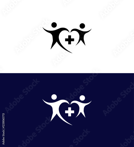 Healthcare Logo Design Two People, Heart, Medical Cross, Unity, Partnership, Wellness, Support, Care