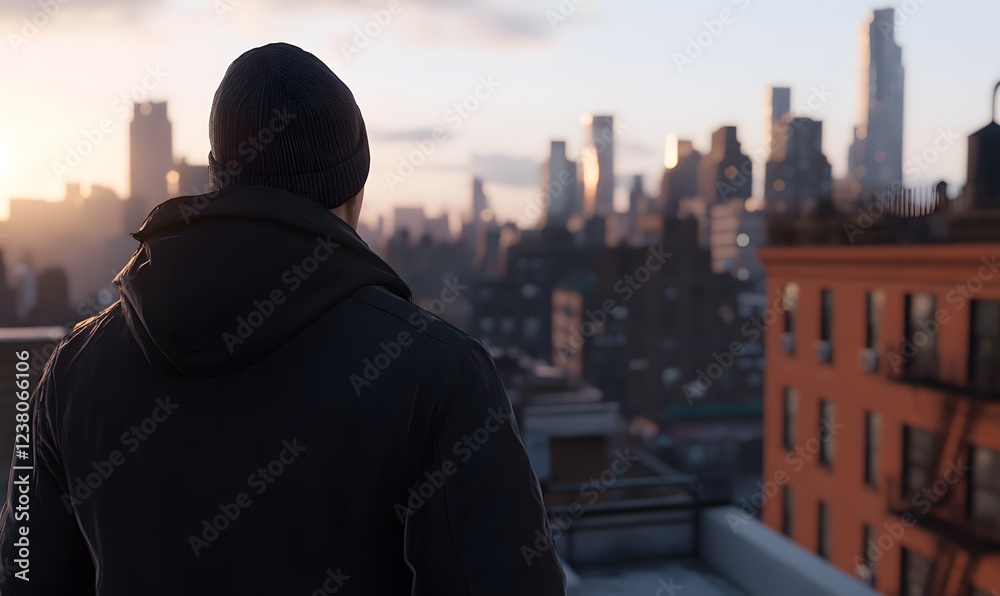a man on a rooftop looking over the city, Generative AI a man on a rooftop looking over the city, Generative AI